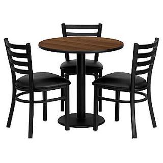Flash Furniture 30 Round Walnut Laminate Table Set with Round Base and 3 Ladder Back Metal Chairs, Black Vinyl Seat
