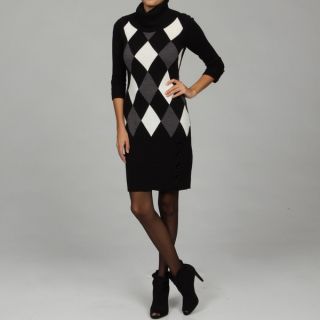 Sandra Darren Womens Black/ Heather/ Ivory Argyle Knit Dress