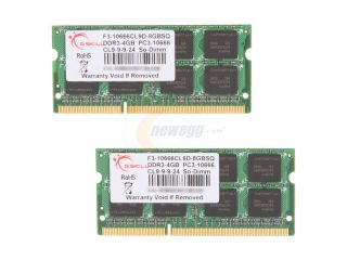 G.SKILL 8GB (2 x 4GB) 204 Pin DDR3 SO DIMM DDR3 1333 (PC3 10666) Laptop Memory Model F3 10666CL9D 8GBSQ