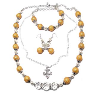 Textured Goldtone/ White Glass Pearl 4 piece Wedding Jewelry Set