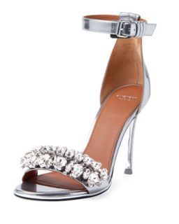 Givenchy Metallic Crystal Ankle Strap Sandal, Silver