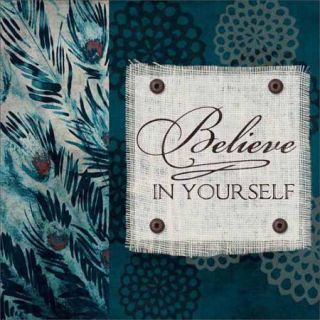 Believe in Yourself on Burlap with Peacock Feathers Inspirational Painting Blue Canvas Art by Pied Piper Creative