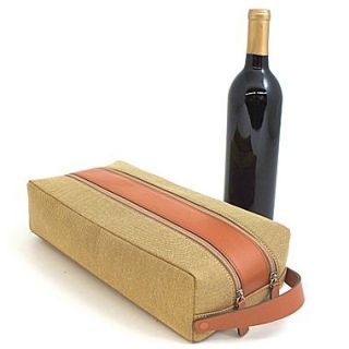 Bey Berk Leather and  Fabric 2 Bottle Holder With Zipper Closure, Khaki
