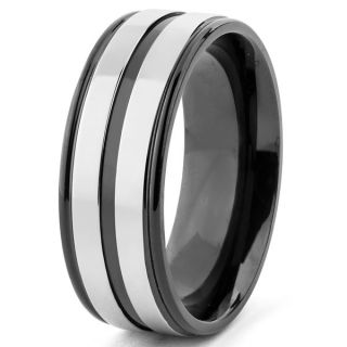 Mens Two Tone Polished Titanium Striped Grooved Comfort Fit Ring