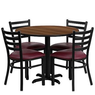 Flash Furniture 36 Round Walnut Laminate Table Set with X Base and 4 Ladder Back Metal Chairs, Burgundy Vinyl Seat