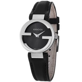 Gucci Womens YA133501 Interlocking Black Dial Black Leather Strap