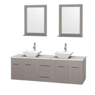 Wyndham Collection Centra 72 in. Double Vanity in Gray Oak with Marble Vanity Top in Carrara White, Porcelain Sinks and 24 in. Mirrors WCVW00972DGOCMD2WM24