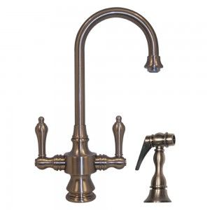 Whitehaus WHKSDLV3 8104 BN Vintage III dual handle entertainment/prep faucet with short gooseneck swivel spout, lever handles and solid brass side spray   Brushed Nickel