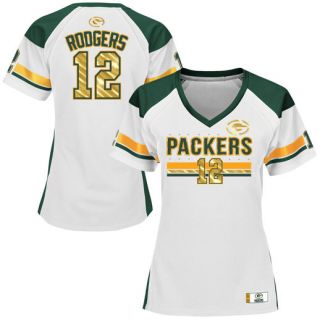 Majestic Aaron Rodgers Green Bay Packers Womens White Draft Him Fashion Top V Neck T Shirt