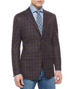 Kiton Twill Plaid Blazer, Brown/Blue