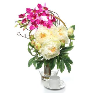 Nearly Natural Peony and Orchid Silk Flower Arrangement in White