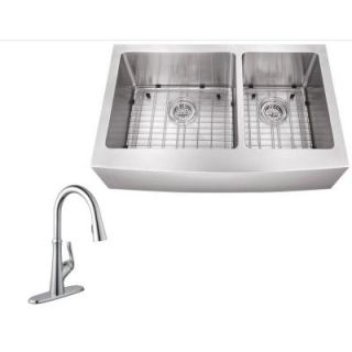 Schon All in One Farmhouse Apron Front Stainless Steel 36 in. Double Bowl Kitchen Sink with Faucet SC1967550CR