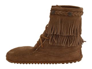 Minnetonka Double Fringe Front Lace Boot Taupe Suede