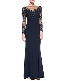 ML Monique Lhuillier Embroidered Sleeve & Bodice Gown, Navy