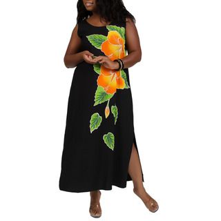Long Black Dress with Hand Painted Gold Hibiscus Design