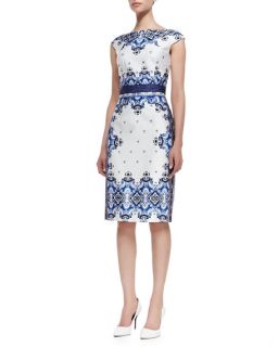 David Meister Cap Sleeve Baroque Print Dress, Blue/White