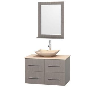 Wyndham Collection Centra 36 inch Single Bathroom Vanity in Matte White, Ivory Marble Countertop, Arista White Carrera Marble Sink, and 24 inch Mirror