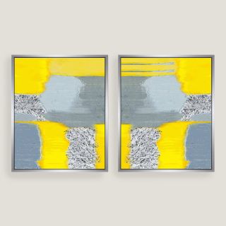 Yellow Grey Abstract Canvas Wall Art Silver Leaf Set of 2