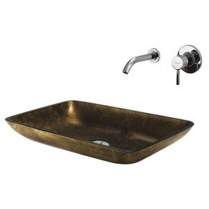 VIGO Industries VGT111 Bathroom Sink, Rectangular Copper Glass Vessel Sink & Wall Mount Faucet Set   Chrome