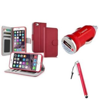 Insten Red Wallet Leather Cover Case+Mini Car Charger+Clip Stylus For iPhone 6 6S 4.7"