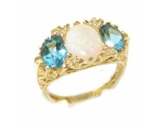 Large High Quality Solid Yellow 9K Gold Natural Opal & Blue Topaz Victorian Designed Ring   Size 10   Finger Sizes 5 to 12 Available