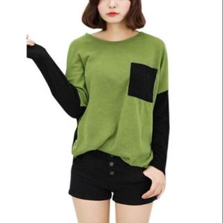 Women Round Neck Long Sleeves Contrast Color T Shirt Green Black XS