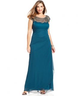 Xscape Plus Size Cap Sleeve Illusion Beaded Gown   Dresses   Women