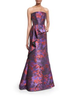 Carmen Marc Valvo Strapless Floral Print Peplum Gown