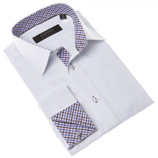 Coogi Mens White Dress Shirt with Blue and Brown Gingham Detailing