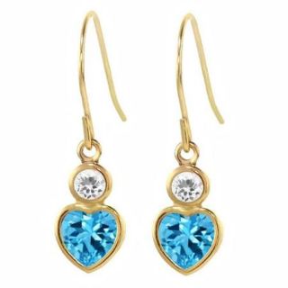 1.38 Ct Heart Shape Swiss Blue Topaz White Sapphire 14K Yellow Gold Earrings