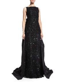 Oscar de la Renta Sleeveless Embellished Lace Gown, Black