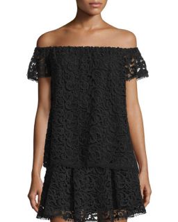 Hiche Off The Shoulder Crochet Lace Top & Pleated Mini Skirt, Black