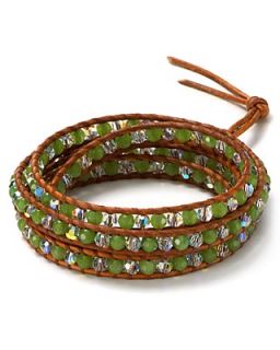 Chan Luu August Five Wrap Swarovski Crystal and Green Jade Leather Bracelet