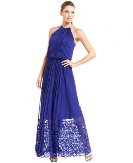 Xscape Pleated Illusion Lace Blouson Gown   Dresses   Women
