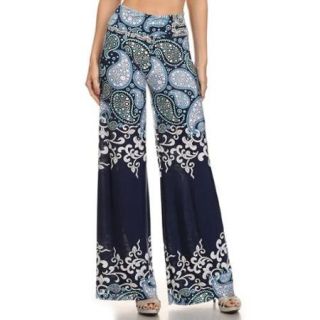 Yelete Womens Blue Paisley Frost High Waist Wide Leg Palazzo Fashion Pants (M)