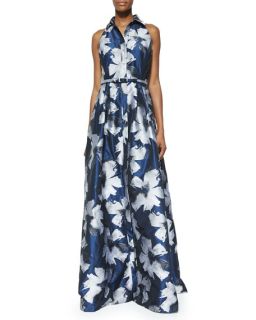 Carmen Marc Valvo Sleeveless Floral Belted Gown