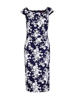 Jolie Moi Retro Floral Print Ruched Dress Navy