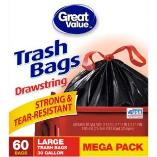 Great Value Large Trash Bags, 30 gal, 60ct