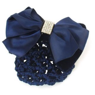 Women Navy Blue Polyester Bowknot Detail Barrette Snood Net Hair Clip