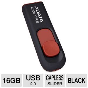 ADATA C008 Retractable USB Flash Drive   16GB, USB 2.0, Plug & Play, Black / Red   AC008 16G RKD