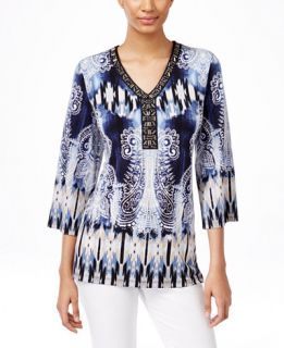 JM Collection Petite Chiffon Sleeve Embellished Top, Only at