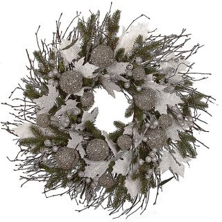 30 inch Wispy Willow Grande White Wreath with Silver Glitter and 100