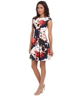Vince Camuto Cap Sleeve Fit Flare Dress W Faux Leather Trim Print