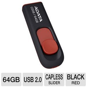 ADATA AC008 64G RKD C008 Retractable USB Flash Drive   64GB, USB 2.0, Plug & Play, Black / Red