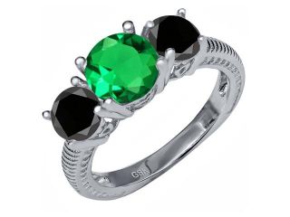 2.32 Ct Round Green Simulated Emerald Black Diamond 925 Sterling Silver Ring