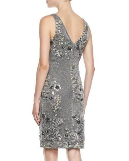 David Meister Sleeveless Floral Embroidered Cocktail Dress, Gray