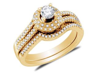 14K Yellow Gold Diamond Halo Engagement Ring with Matching Curved Notched Wedding Band Two 2 Ring Set   Solitaire Setting w/ Micro Pave Set Round Diamonds (1/2 cttw, 1/5 ct Center, G H, SI2)