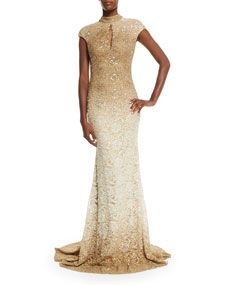 Jovani Cap Sleeve Sequined Lace Gown
