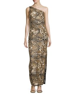 Laundry by Shelli Segal Platinum One Shoulder Sequined Gown,