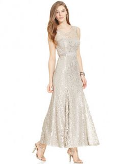 Betsy & Adams Metallic Lace Belted Gown   Dresses   Women
